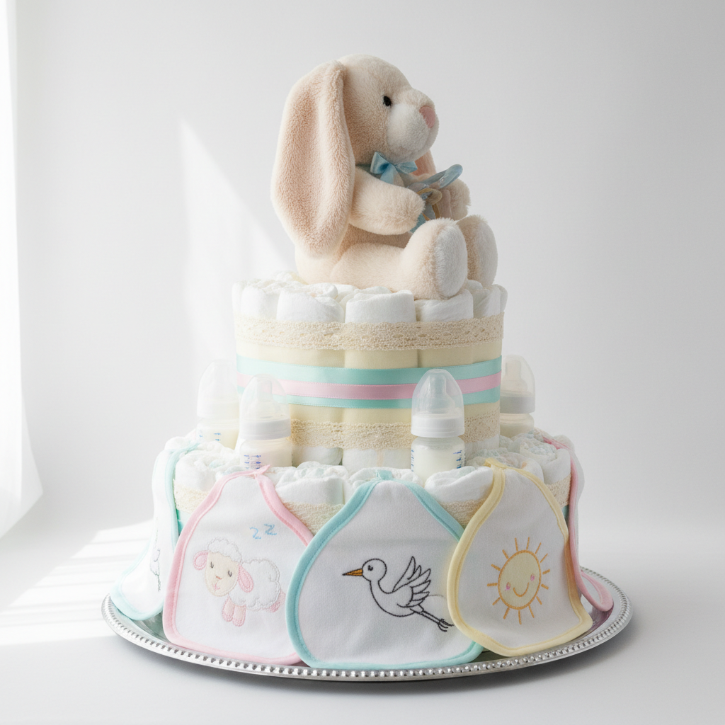 Windeltorte mit Häschen und Accessoires